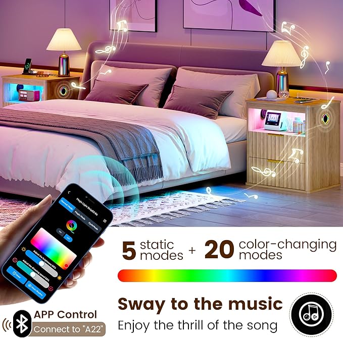 WOOVIVS Modern NightStand with Smart Human Sensor Lights, Bedside Table