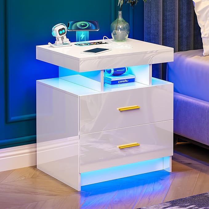 WOOVIVS Night Stand with Light, High Gloss Nightstand with USB/Wireless