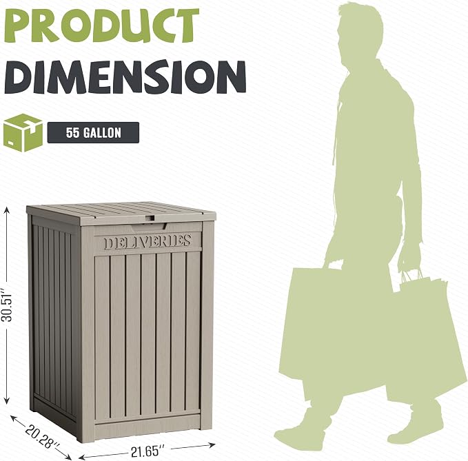 55 Gallon Outdoor Package Delivery Box Waterproof with Lockable, Weatherproof Secure Parcel Drop Box for Porch, Resin Outside Storage Boxes Grey