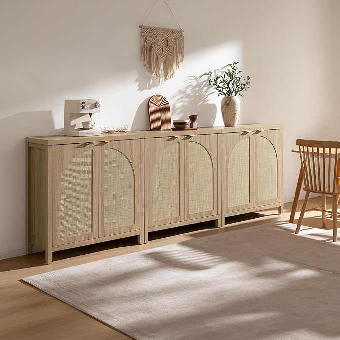SICOTAS 102"W Rattan Sideboard Buffet Cabinet Set of 3, Mid Century Modern
