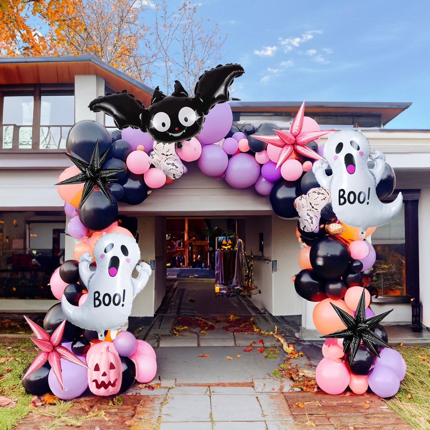 Summerween Halloween Party Decorations with Pink Black Purple Balloon Garland Arch Kit & Cute Bat Ghost mylar foil Balloons for Girls Two spooky Birthday Baby Shower BOO Day Party Supplies Decorations