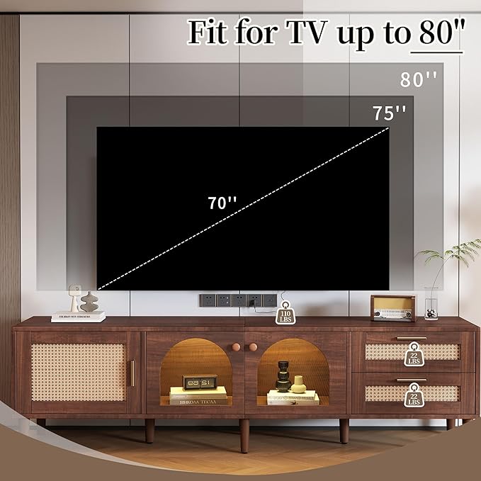 Merax Rattan TV Stand with LED Lights, Solid Wood Feet, Living Room, Bedroom