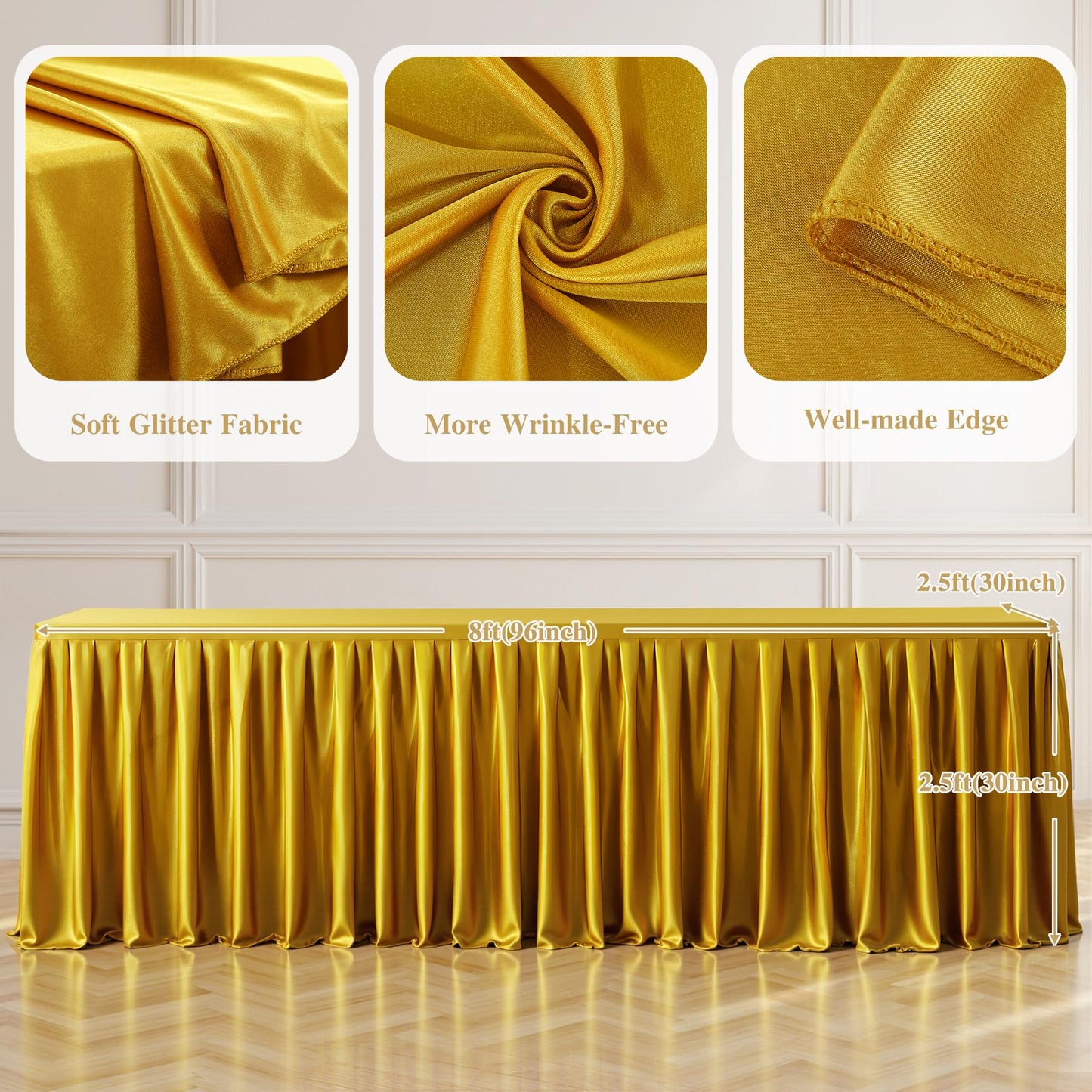 8FT Gold Satin Tablecloths for Rectangle Tables - Shiny Spandex Party Table Cover with Pleated Table Skirt, No-Wrinkle & Glossy Wedding Tablecloth One-Piece for Birthday Baby Shower Banquet Ceremony