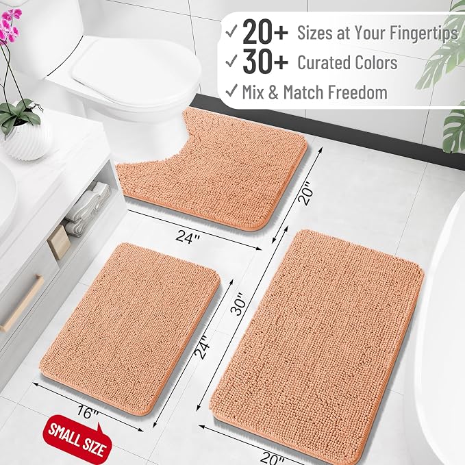 OLANLY Bathroom Rugs 35x24, Extra Soft Absorbent Chenille Bath Rugs, Rubber Backing Quick Dry, Machine Washable Bath Mats for Bathroom Floor, Tub and Shower, Home Decor Accessories, Peach