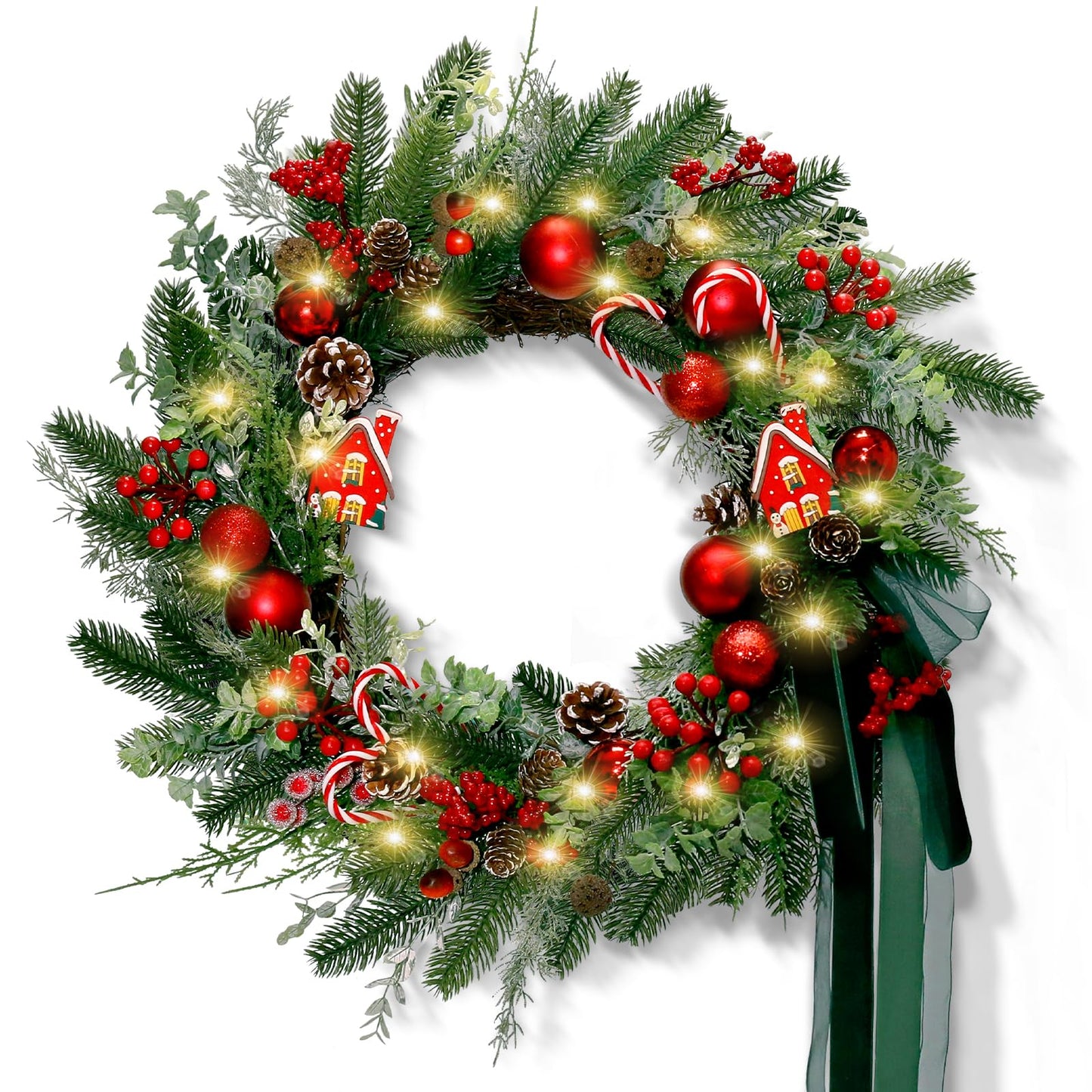 20" Christmas Wreath for Front Door, Christmas Door Wreath Decoration with Ball Ornaments, Red White Candy, Pine Cones Berries & Bow, Holiday Decoration