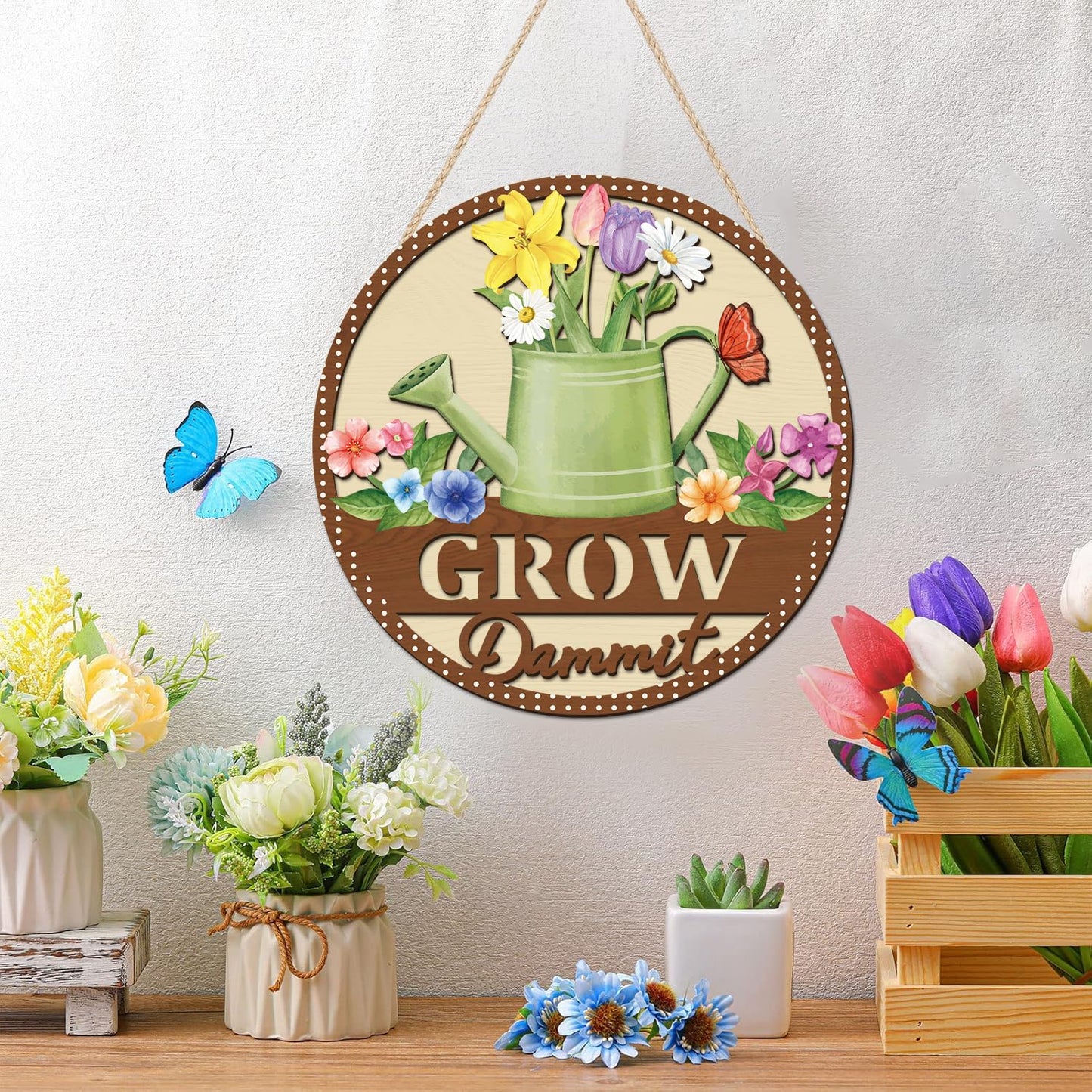 HOURIA 3D Grow Dammit Sign(11.4”x11.4”), Garden Wooden Decor,Funny Gardening Gifts for Women Men Gardeners