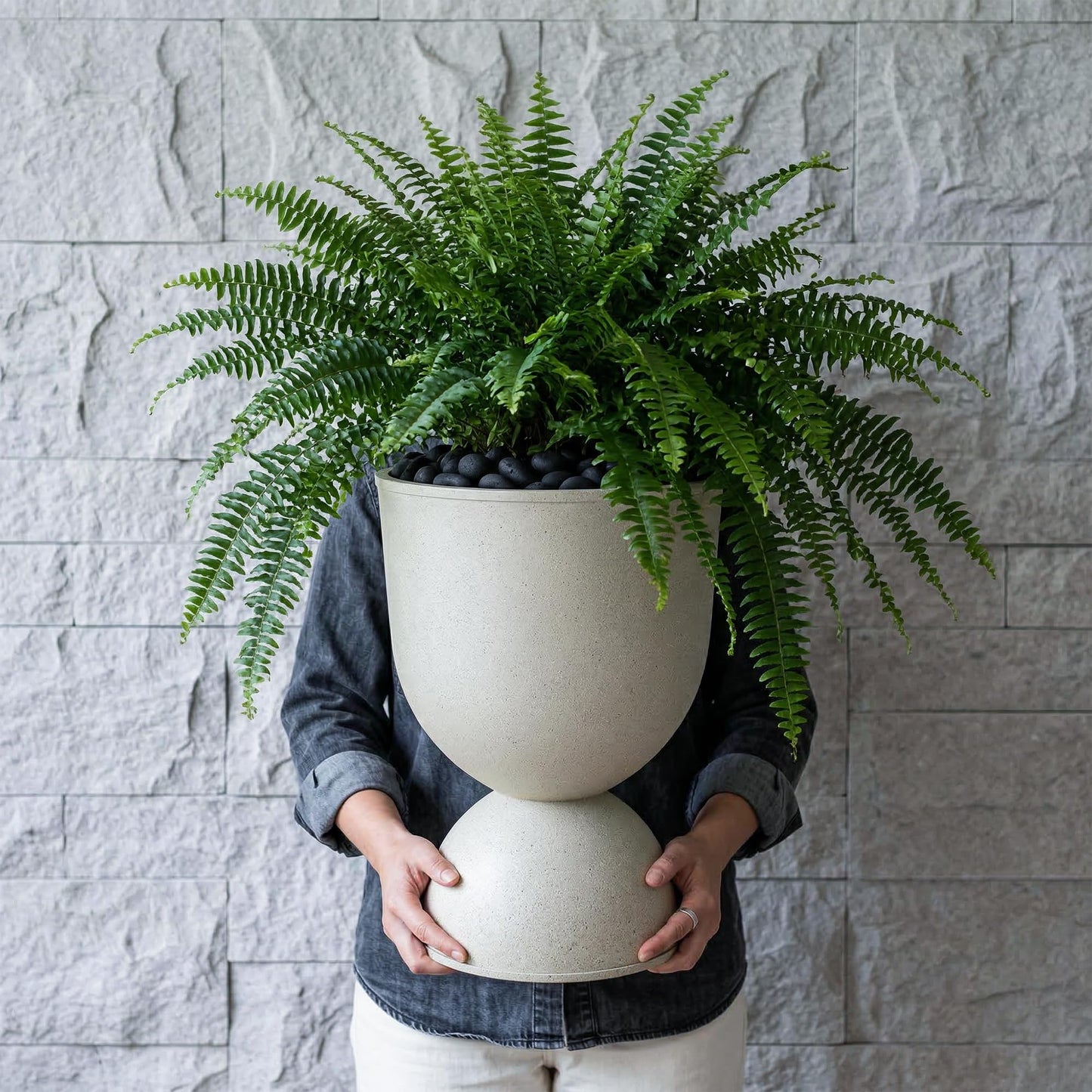 KOL Planters Flower Pots, Large Plastic Urn Planters for Indoor Outdoor Plants, Beige Pedestal Planter 2 Pack, 18 Inch+23 Inch, Decorative Planters with Drainage Holes & Plugs for Porch Garden