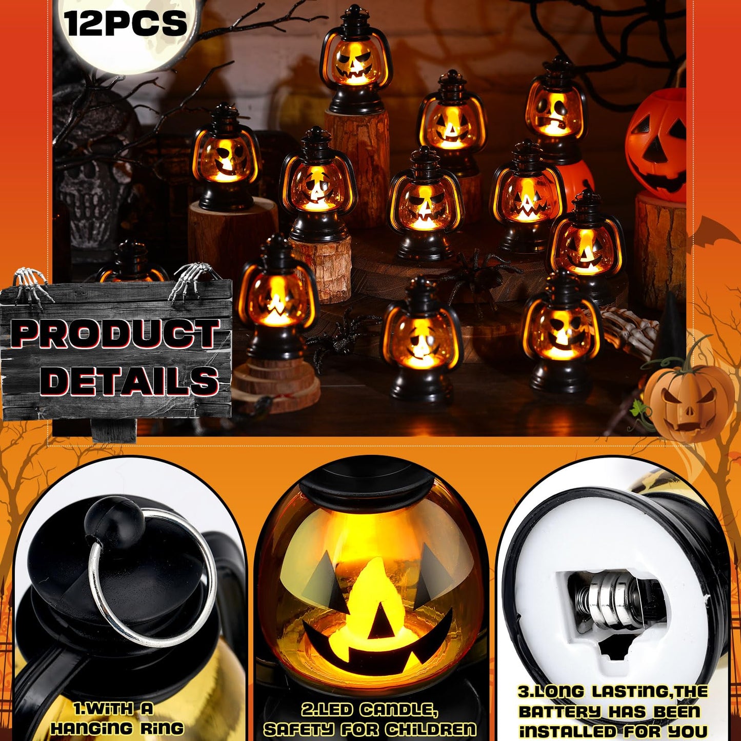 ROCEEI Halloween Mini Pumpkin Lantern 3.54 Inch Jack O Lantern Table Centerpiece Halloween Hanging Decoration Bulk Light up Lamp with Flickering LED Candle for Party Decor Indoor Outdoor(12 Pcs)