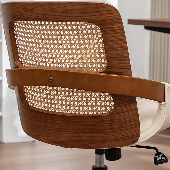 Home Office Desk Chair with Ergonomic Rattan Backrest, Walnut Crafts, Curved