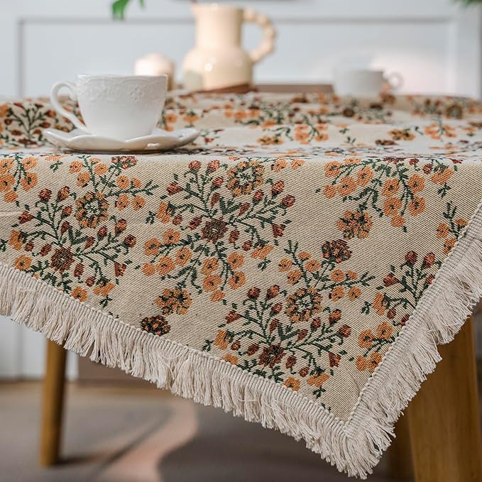 VClife Beige Floral Print Table Cloth, Linen Texture Tablecloth