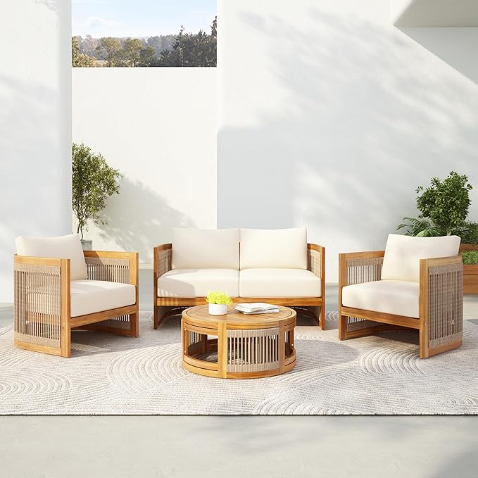 Christopher Knight Home Nesbit 4 Pieces Conversation Set, Acacia Wood Chat Set