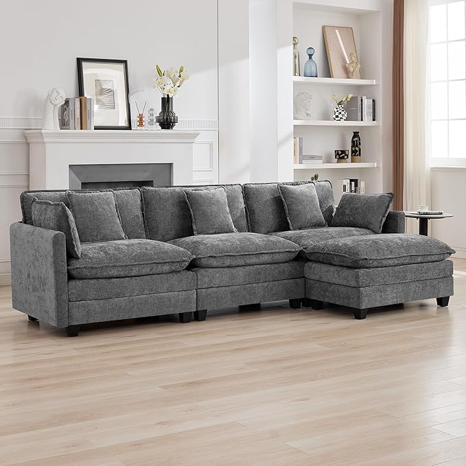 111'' Sectional Cloud Deep Seat Couch, Modern Comfy Chenille L Shaped Sectional