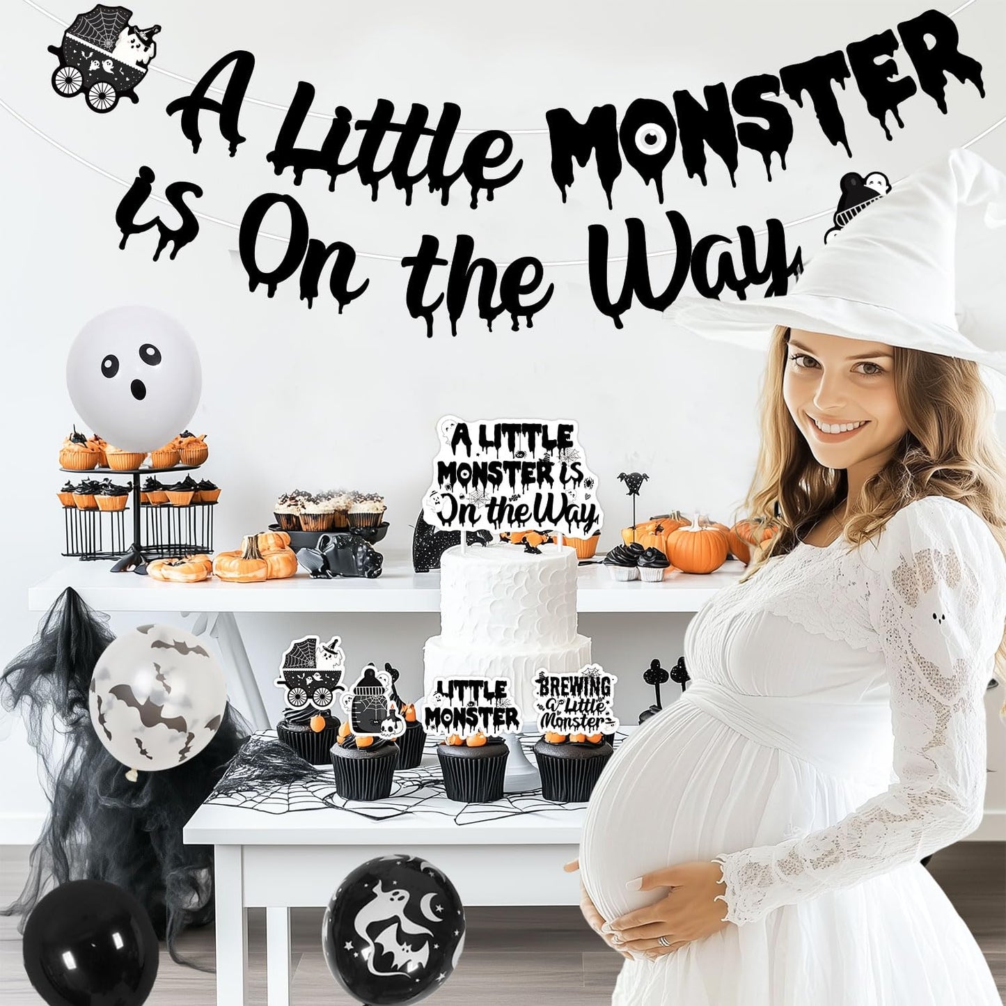 Halloween Gothic Baby Shower Decorations, A Little Monster is on the Way Banner Garland Ghost Bat Little Monster Cake and Cupcake Toppers Balloons Kit for Halloween a Baby Is Brewing Party Supplies