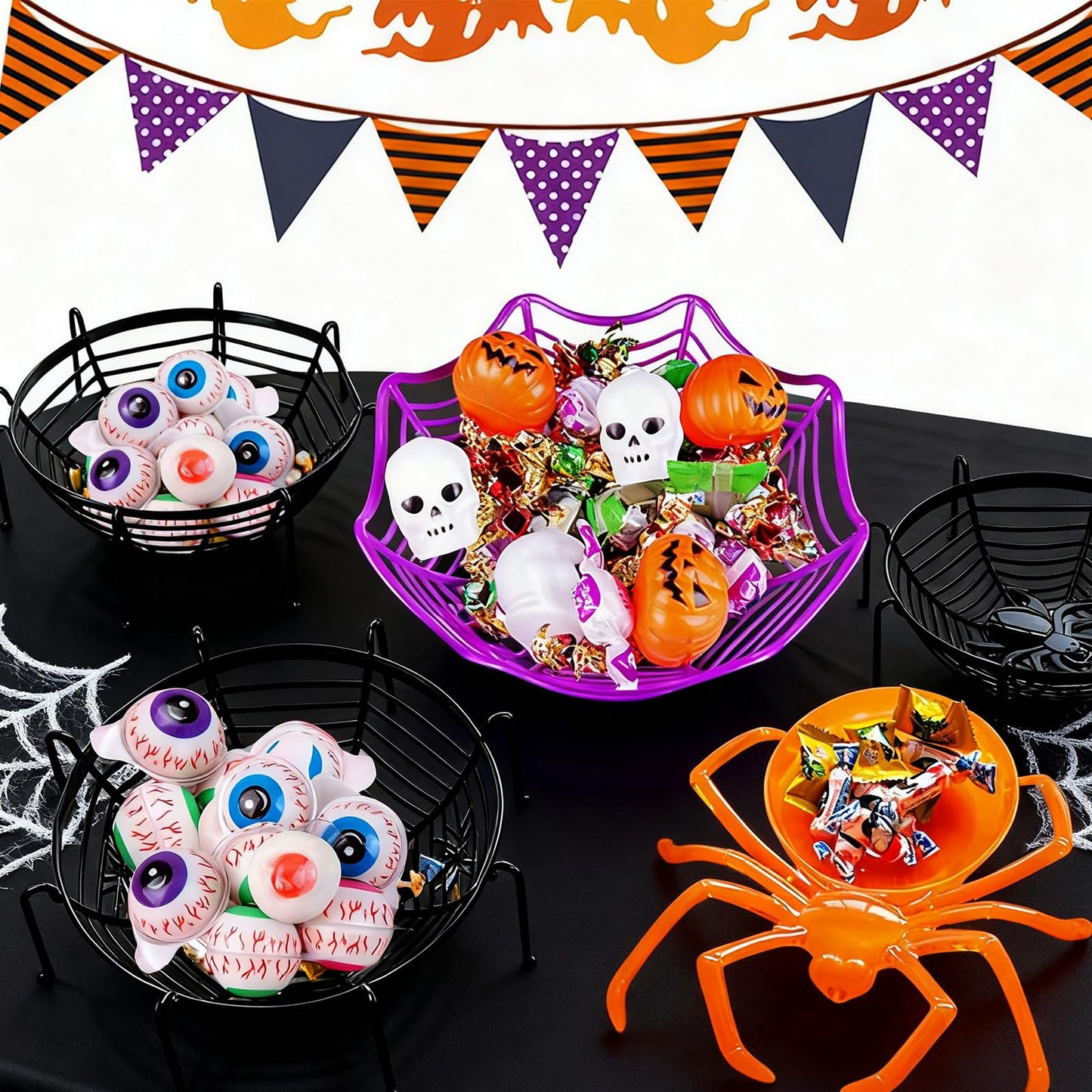 VirgoCCY 9 PCS Halloween Candy Bowl Set, Halloween Decorations, Trick or Treat Party Supplies Indoor Decor Candy Holder, 3 Spider web, 3 Skeleton, 3 Spider, Black/Orange/Purple