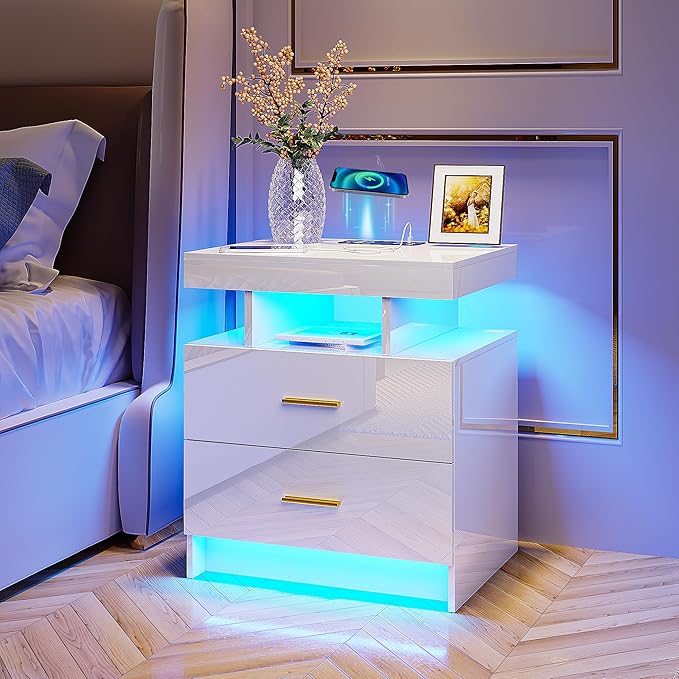 HNEBC Auto LED Nightstand with Wireless Charging Station & USB Ports, High