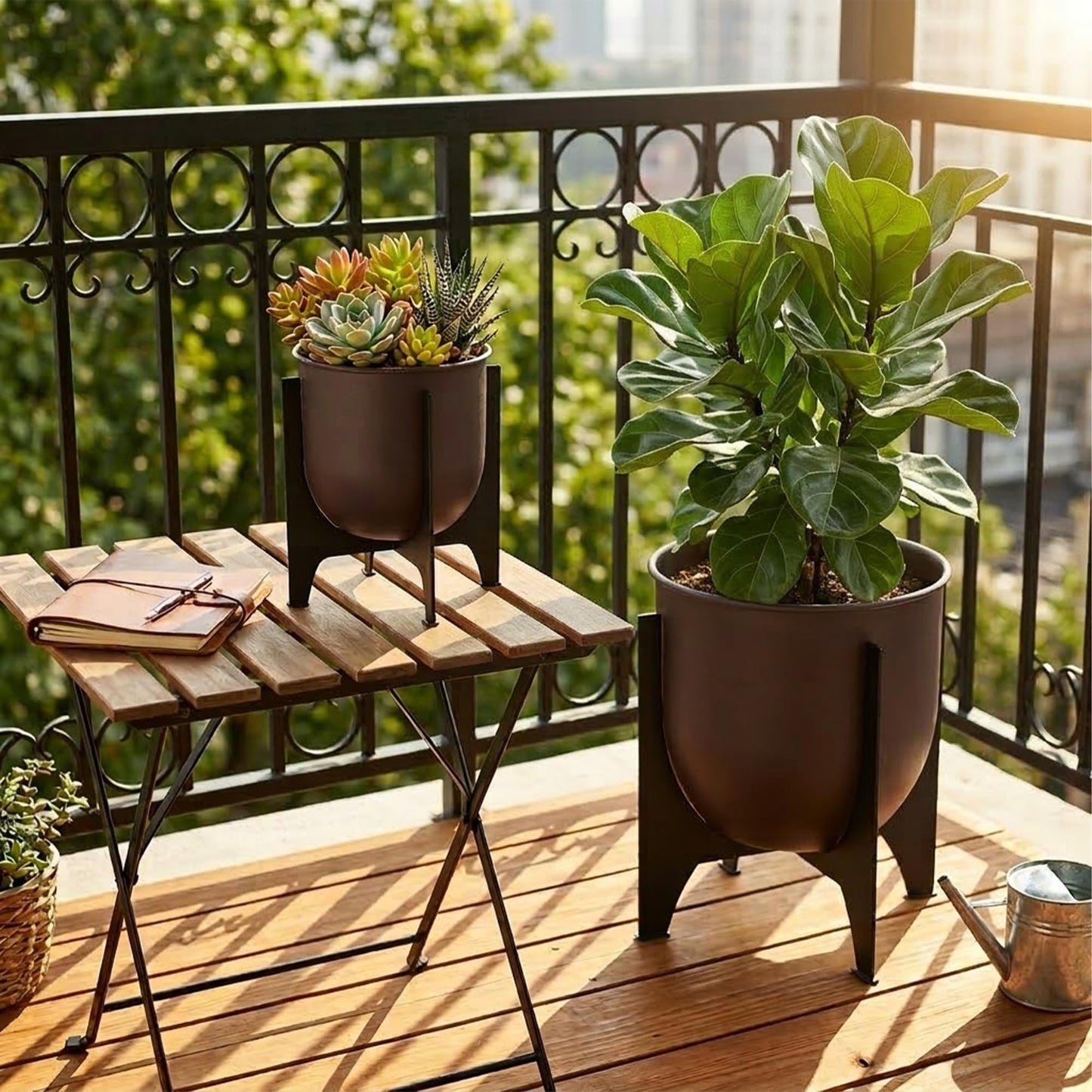 TRIROCKS Set of 2 Planters with Stand Indoor Outdoor Metal Plant Stand 16 &8" H Modern Planters Flower Pots for Living Room Corner Kitchen Office Garden Balcony Patio Decor