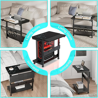 Height Adjustable Computer Tower Stand, 2-Tier PC Stand CPU Holder Under Desk Gaming Case Cart with Rolling Wheels & Mouse Pad, Folding End Table
