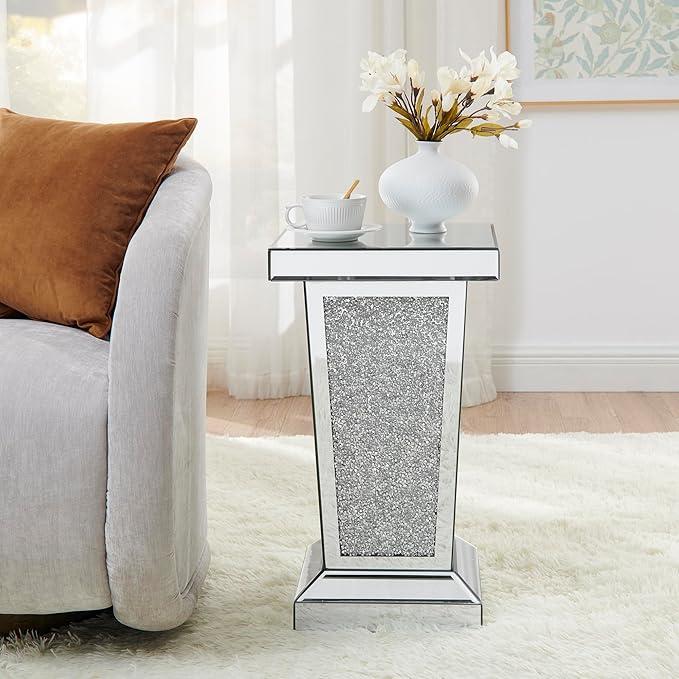 Silver Mirrored End Table with Crystal, Modern Side Accent Table, Square Small