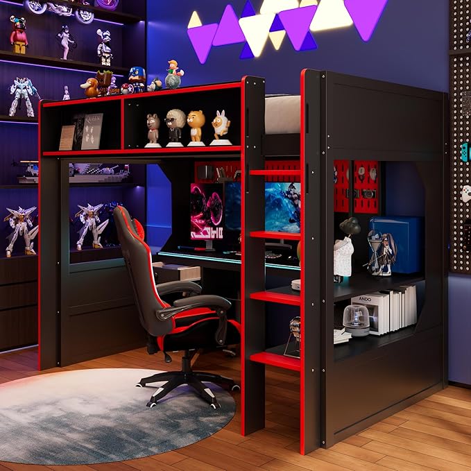 Modern Gaming Loft Bed with Built-in Desk, LED Lighting & Charging Hub –Twin
