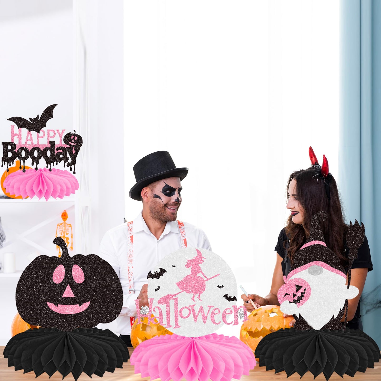 Halloween Happy Boo Day Honeycomb Centerpieces 12PCS Pink Black Little Boo Baby Shower Decorations Halloween Birthday Party Table Centerpieces Ghost Pumpkin Decor for Gender Reveal Suuplies