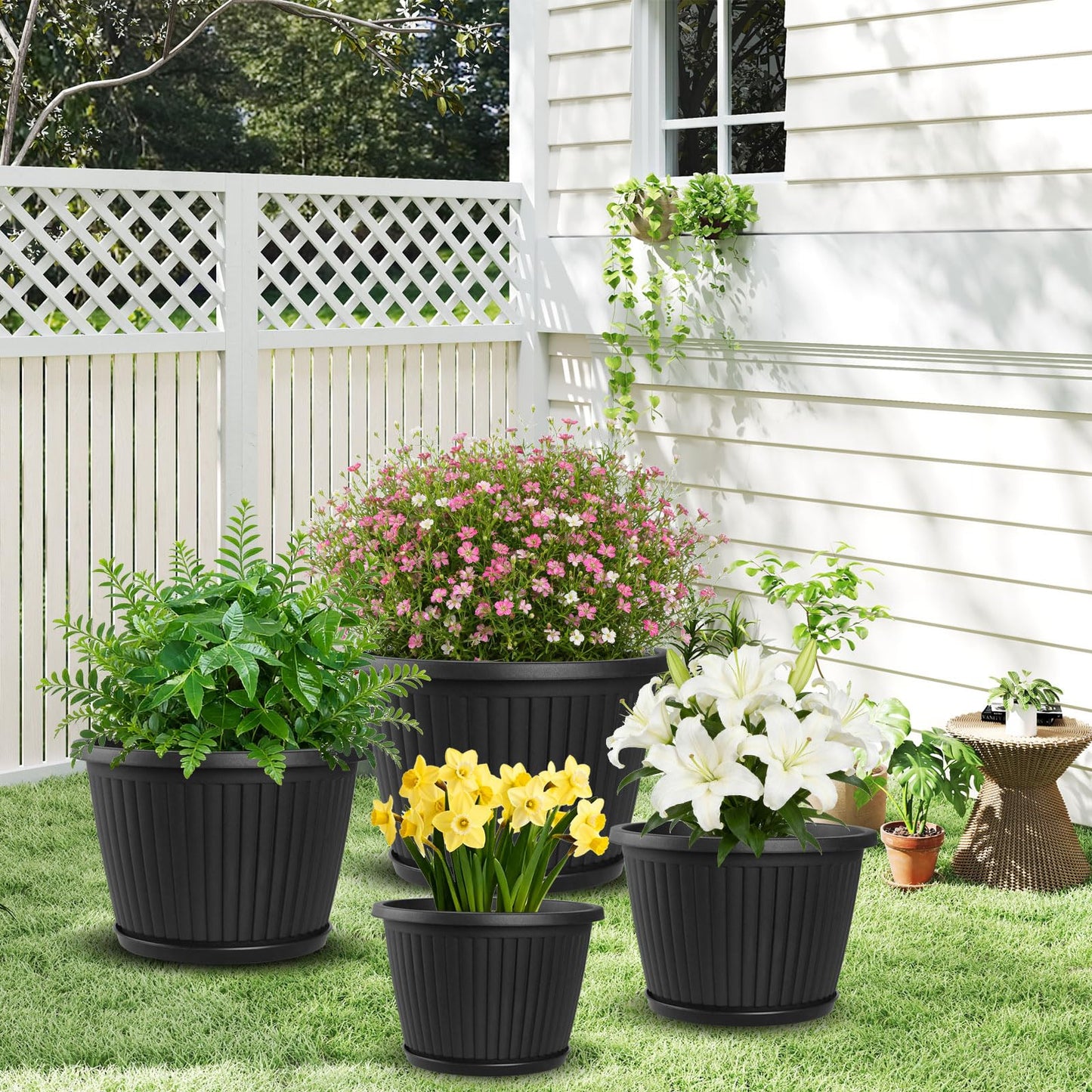 Fodetyff 12-inch-Plastic-Plant-Pots-with-Saucer, Flower Pots Containers for Indoor Outdoor Plants, Large Resin Planter with Drainage Holes and Saucers for Snake Plant Monstera