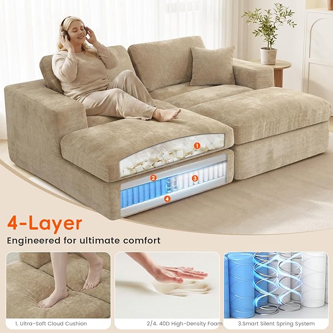 80.7" Oversized Double Chaise Lounge Chair Indoor, Cloud Boneless Sleeper Sofa