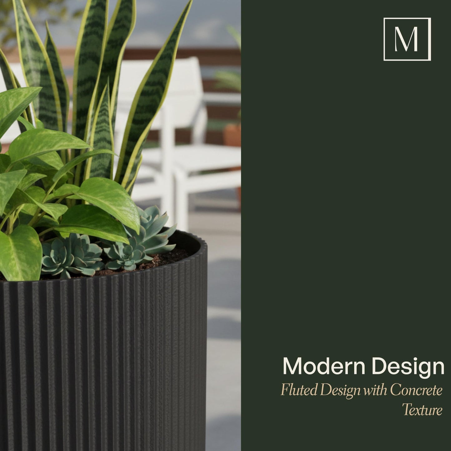 Mayne Serene 14-inch Fluted Planter, Round Planters for Outdoor Plants, Modern Lightweight Concrete Textured Plant Pots for Porch, Patio or Garden, Black