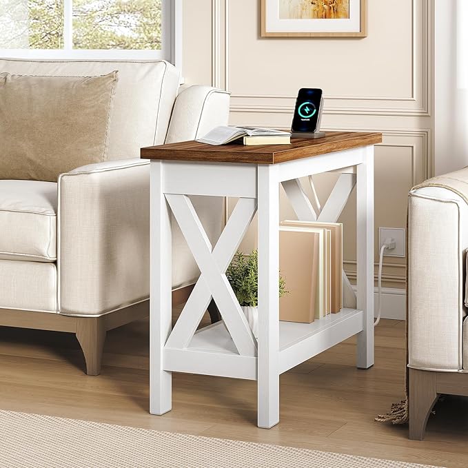 HOOBRO End Table with Charging Station, Farmhouse Narrow Side Table, 2-Tier