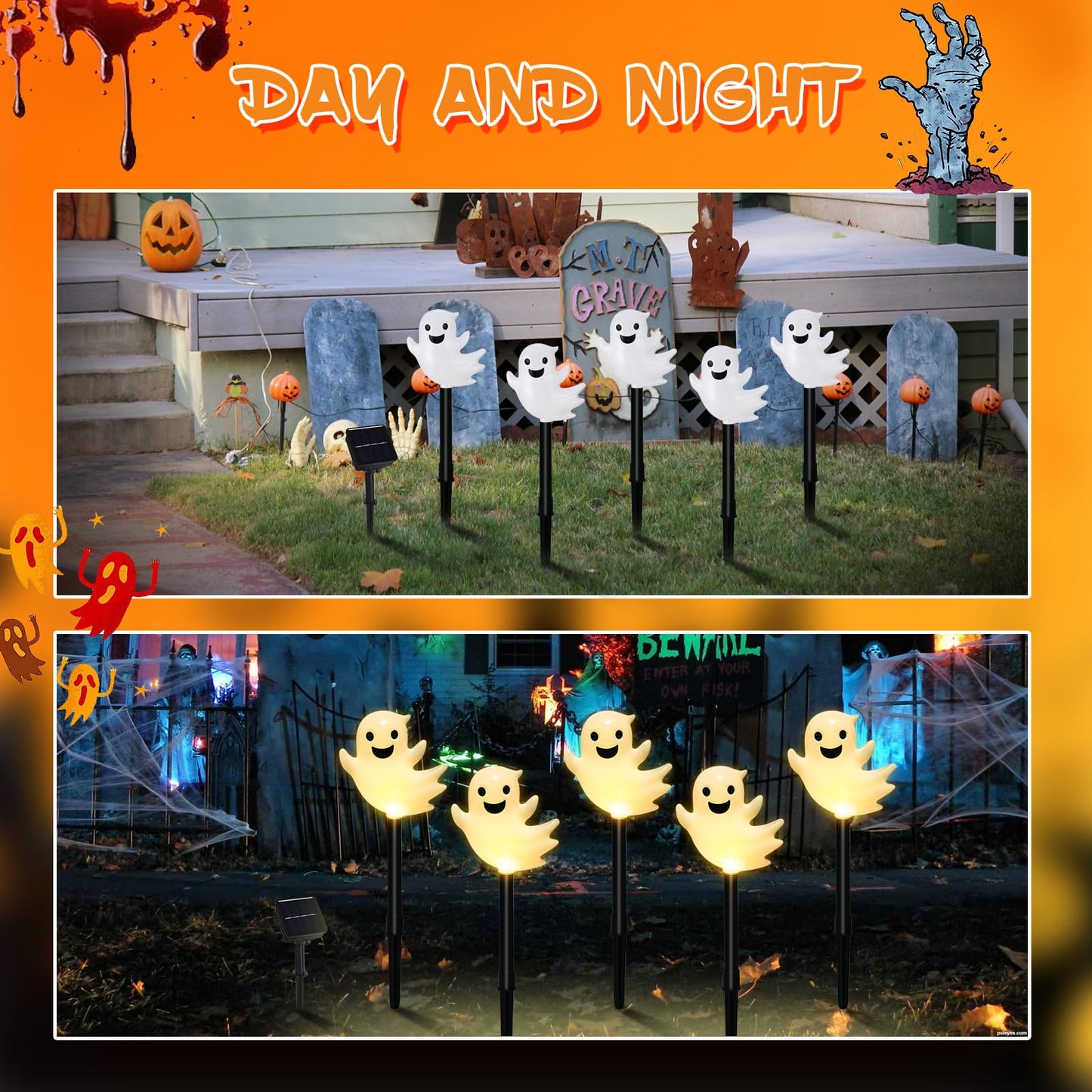 Solar Halloween Ghost Pathway Lights, 10 Pack 3D Lighted Outdoor Stake Decorations, Waterproof LED Yard and Garden Lights for Halloween Pathway, Lawn, Patio, and Holiday Decor (10-Ghosts-Warm)
