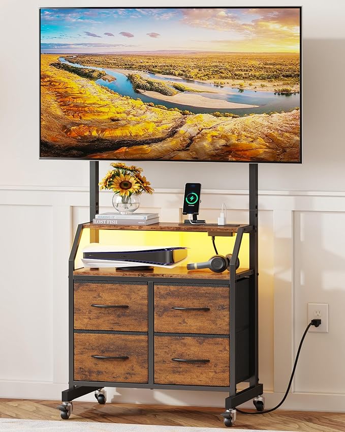 Rolling TV Stand with Mount & 4 Fabric Drawers