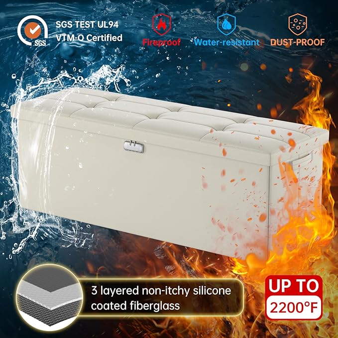 DocSafe Storage Ottoman Bench, Fireproof＆Waterproof Folding Bench