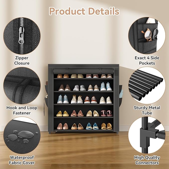 LANTEFUL Shoe Rack with Covers 5 Tier Tall Shoe Rack Organizer Large Capacity