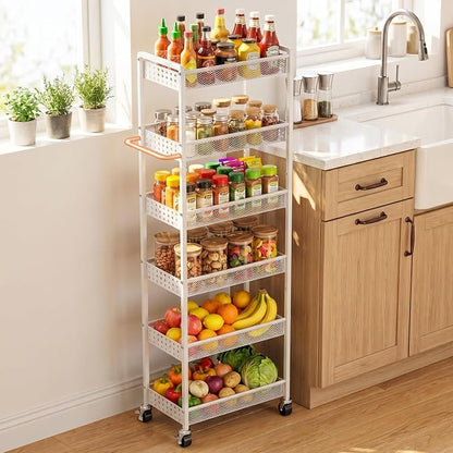 6 Tier Slim Storage Cart with Wheels, 10" D Rolling Storage Cart for Small Space, Metal Narrow Spice Cabinet Mobile Shelving Unit Organizer with Handle for Kitchen, Laundry - White