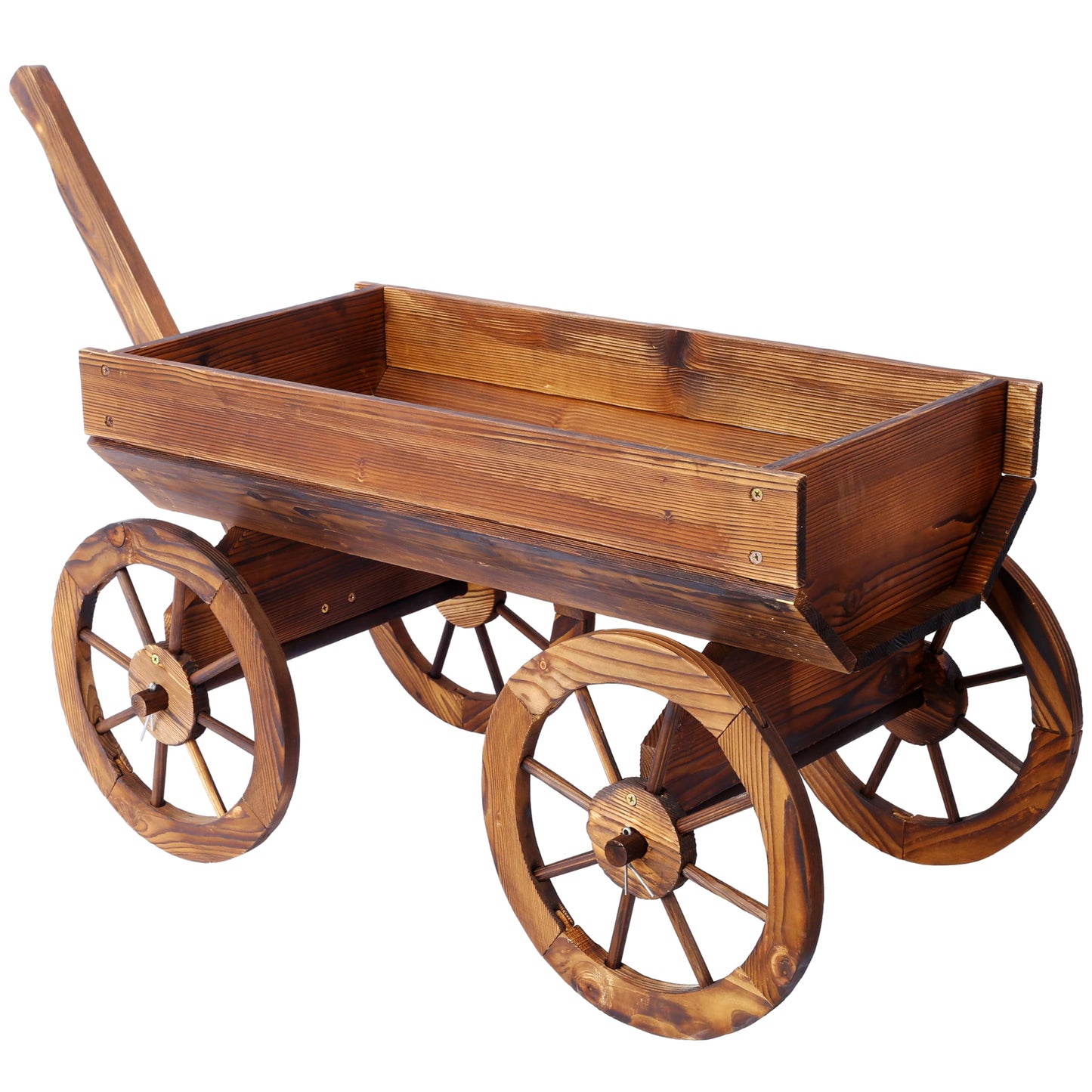 ZENITHLIVING Wooden Wagon Planter with Wheels, Brown Fir Wood Garden Cart, 41.4 x 16 x 24 Inches, Outdoor Flower Pot Stand with Handle