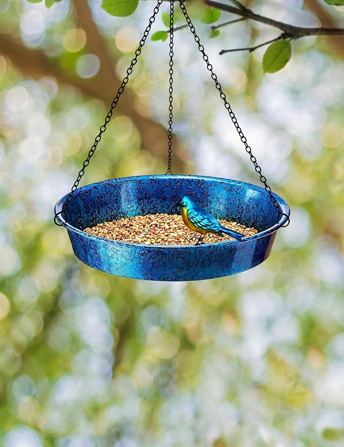 Hanging Bird Bath for Outdoor, Blue & Green Metal Birdbath Bird Feeder Garden Decor Yard Art (11.5" Dia)