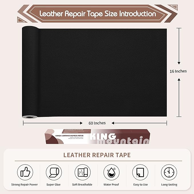 KING MOUNTAIN Leather Repair Patch, 16 x 60 Inches self Adhesive Leather Repair