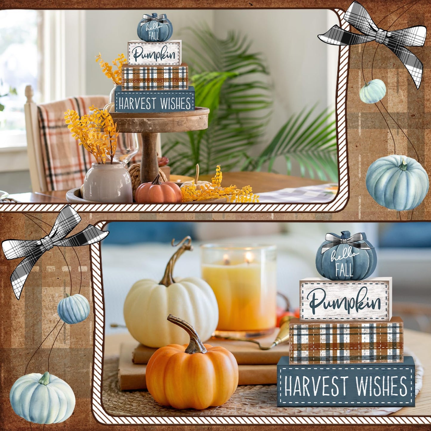 Britimes 4 Pcs Blue Pumpkins Fall Decor Wooden Tiered Tray Sign, Farmhouse Rustic Autumn Pumpkin Decorations Stack Block Set Harvest Wishes Table Centerpieces for Home Kitchen Shelf