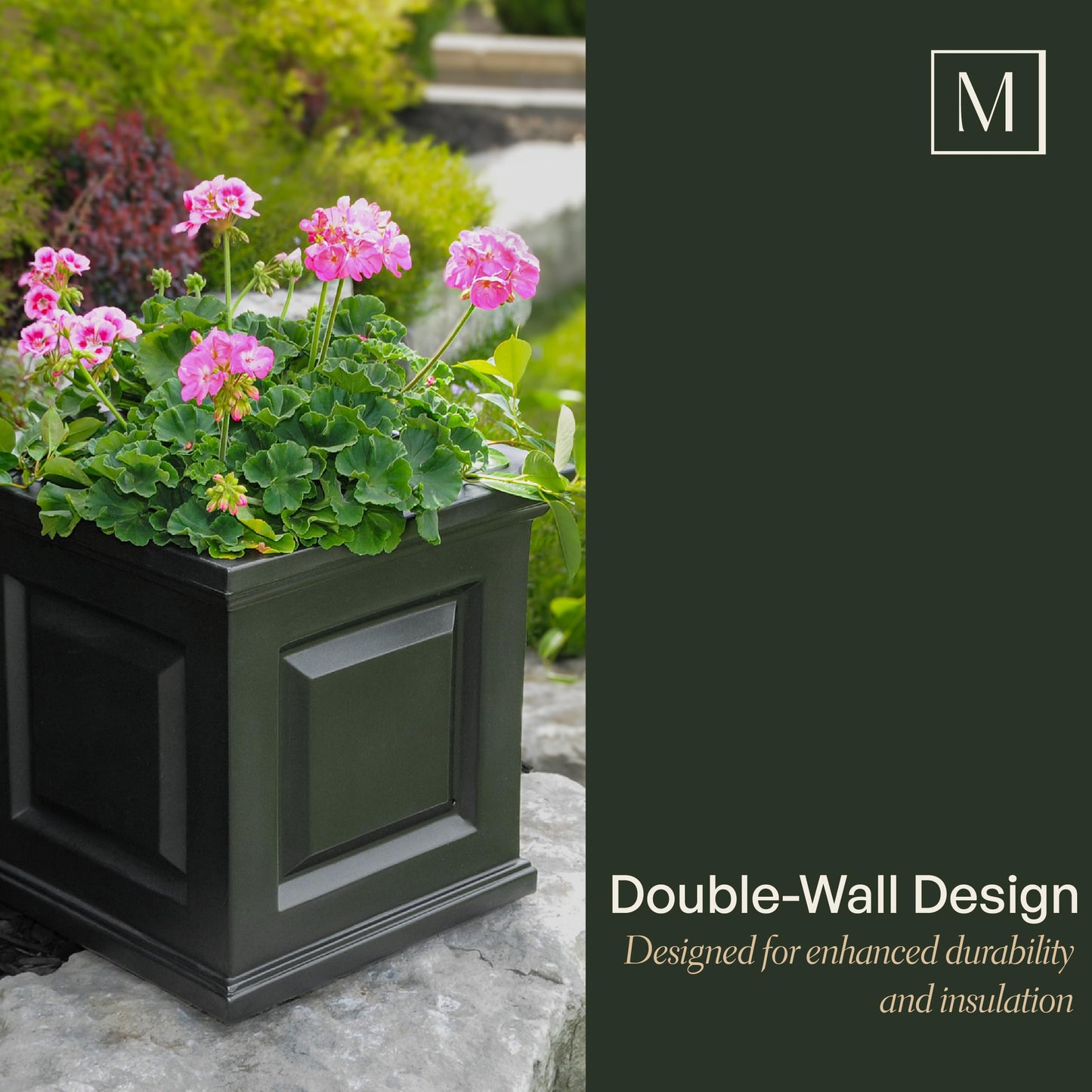 Mayne Nantucket 16-Inch Square Planter – Self-Watering, Weather-Resistant Planter for Flowers – Durable Outdoor Design for Patio, Porch, or Entryway