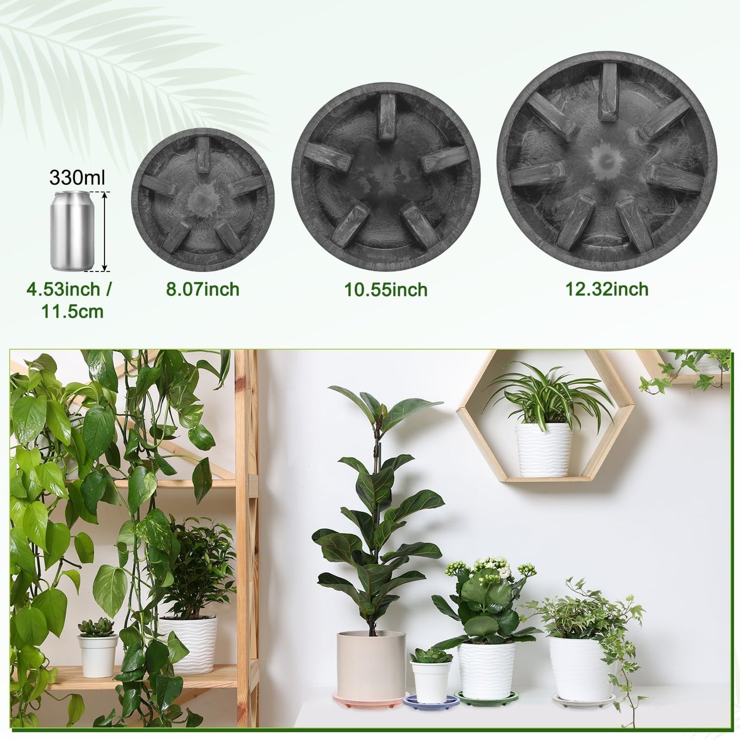 M METERXITY 2-Pack Plant Saucer, 10.04 Inch/25.5 cm Plastic Plant Trays Thicker for Pots/Indoor/Outdoor/Water Drainage and Protection, Flowerpot Drip Tray [Black Clay]