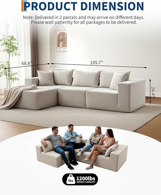 Corduroy Modular L Shape Sofa, Cloud Feel Compressed Sectional Couch