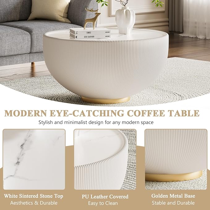 Round Marble Coffee Table 27.56" Bucket Shaped Fluted Coffee Table