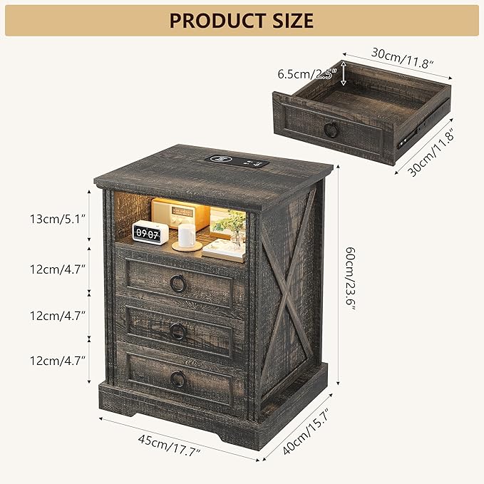 Nightstand Set 2 with Charging Station, Farmhouse End Side Table with 3 Drawers