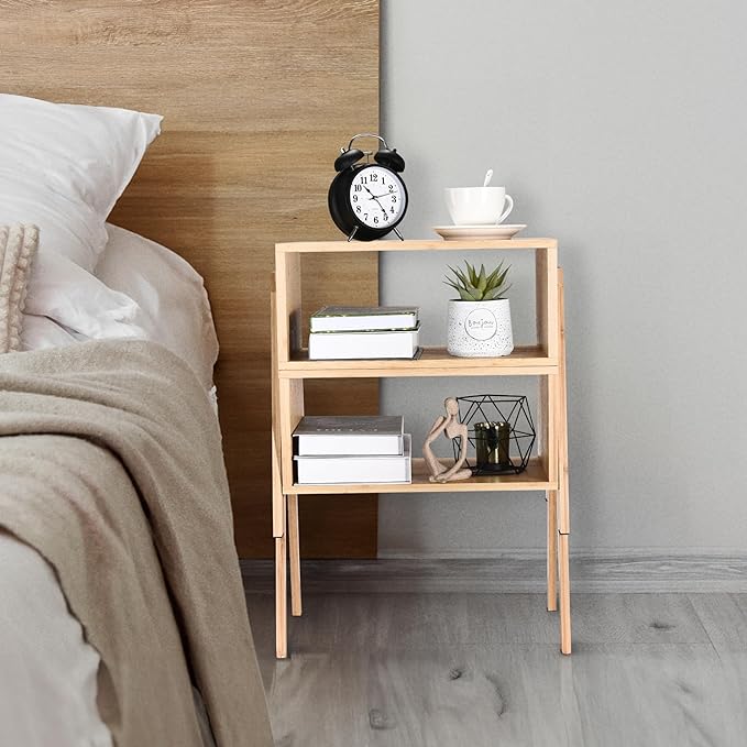Vdomus Bamboo Stackable Nightstand Set of 2- Natural Wood Matching Side Table