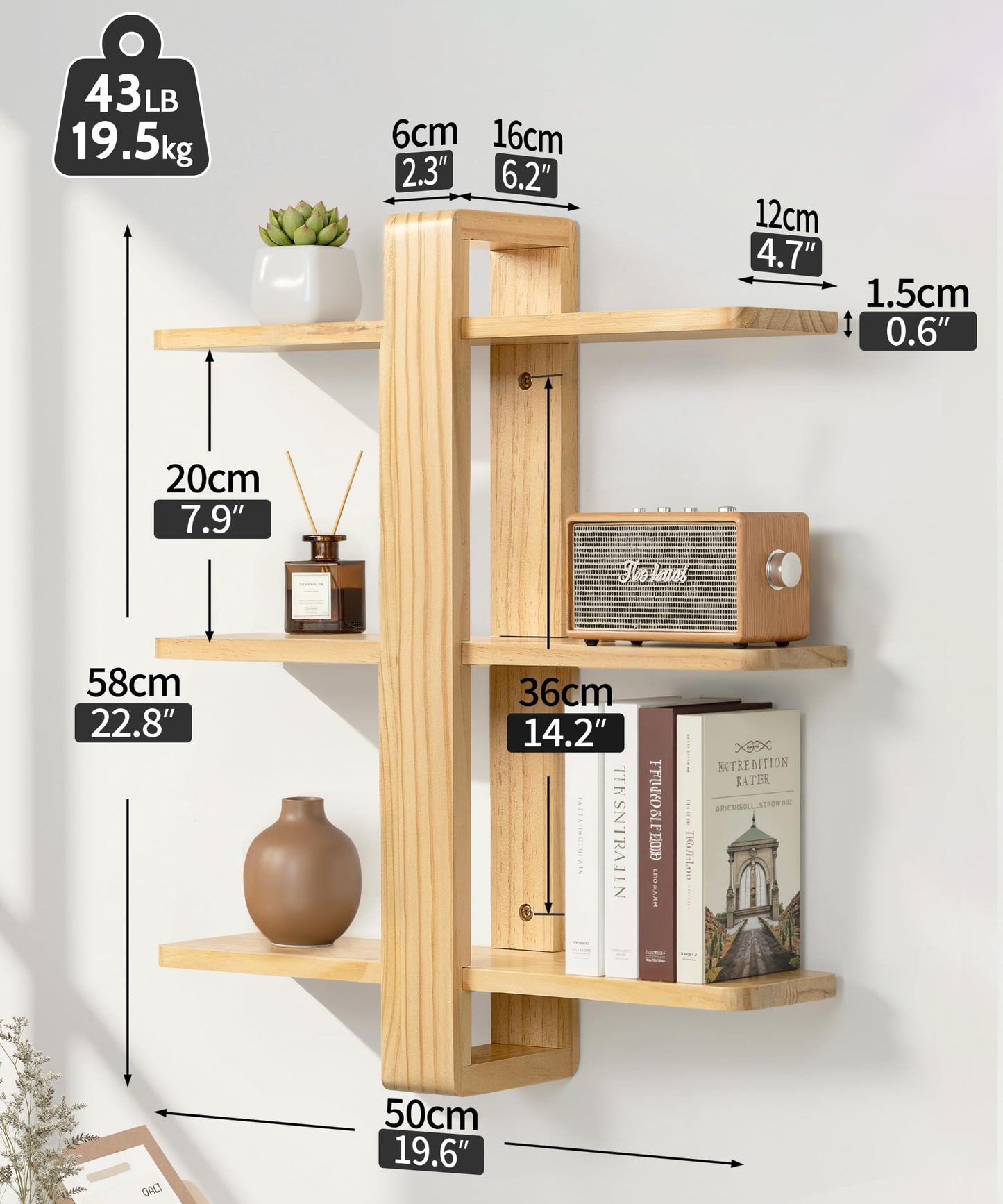 SUMGAR Floating Shelves for Wall Wood Mounted Shelving Unit All Pine Natural Wooden 3 Tier Large Shelf for Bedroom Living Room Office Bathroom Home Decoration Storage Plant Photo Display Modern 20in