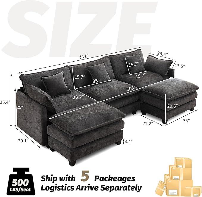 111'' Sectional Cloud Deep Seat Couch, Oversized Chenille U Shaped Sectional