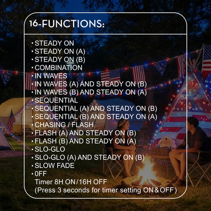 TWINGLEHOME 100 LED String Lights 33FT (10M) with Copper Wire, Multifunctional Modes Lighting (Red, White, Blue) for Nation Day