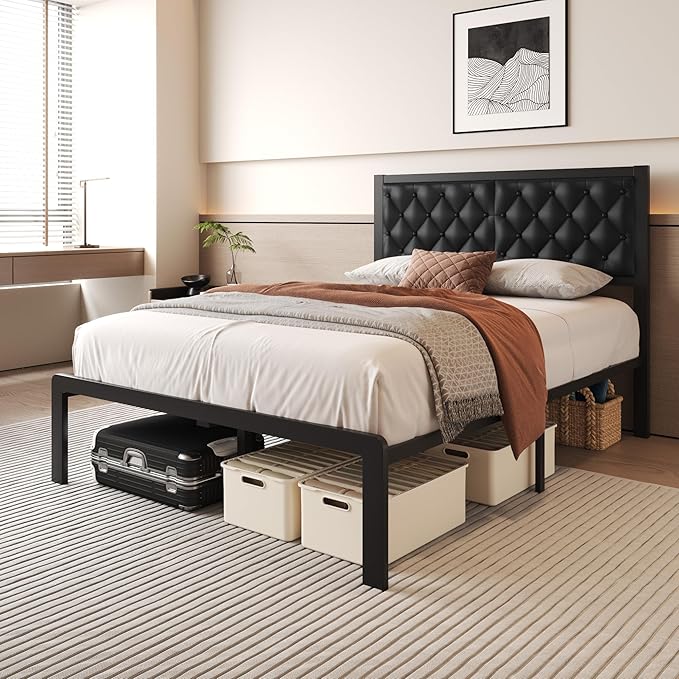 Fluest Full Bed Frame with Headboard PU Leather Upholstered Bed Frame Platform