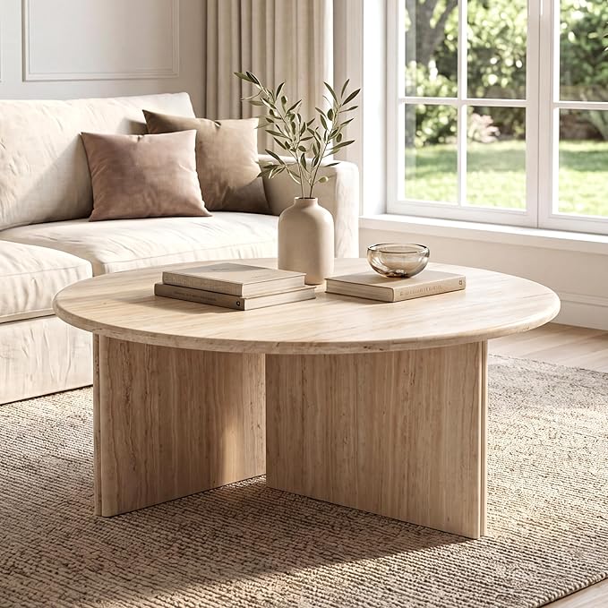 HNY Modern Round Coffee Table Marble Veneer Wood Center Table 31.5" Faux
