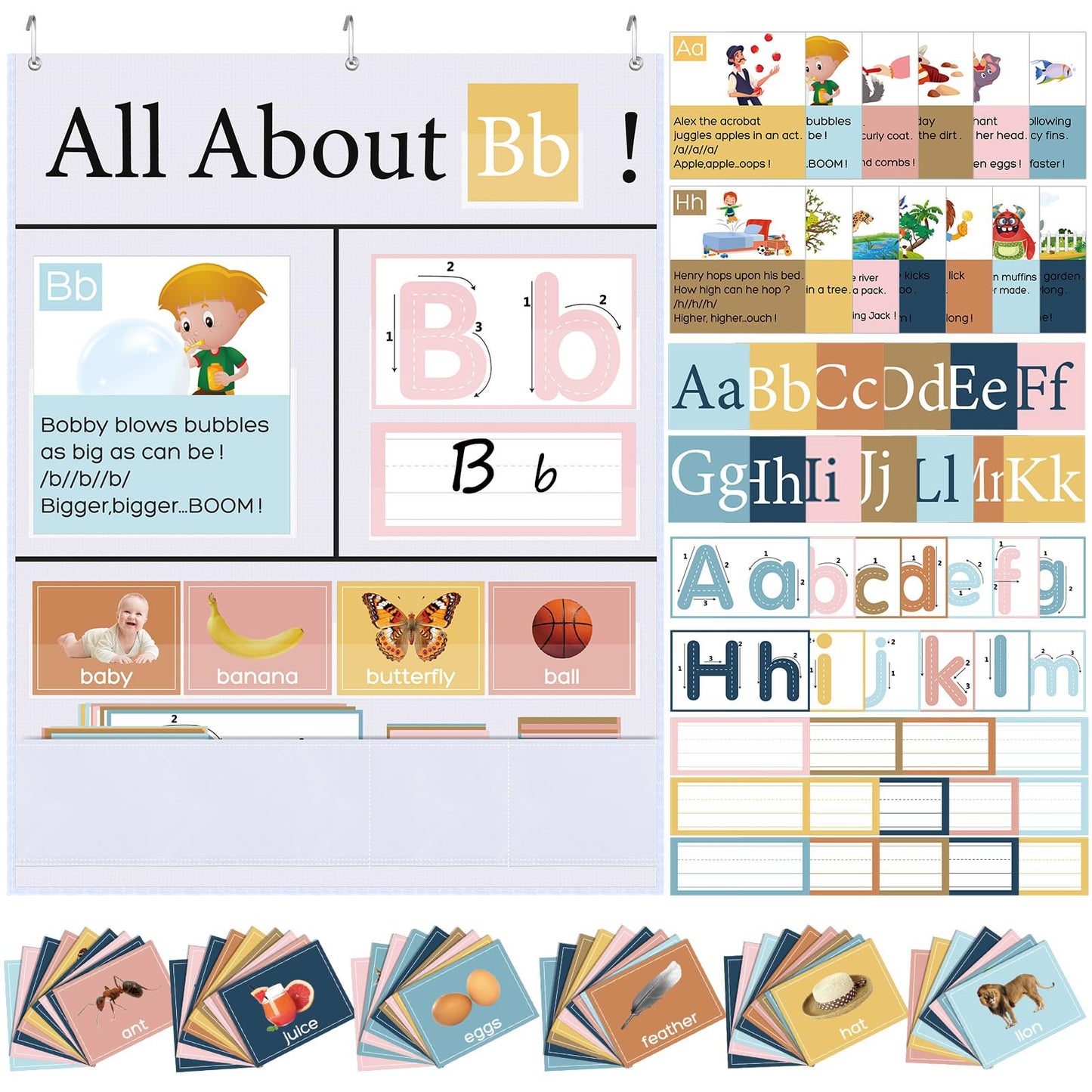 Blosssound 34 x 27 All About Letter Pocket Chart 103 ABC Flash Cards Letter of The Day Week Chart Alphabet Tracing Educational Wall Poster Teachers Homeschool Learning Activities(White)