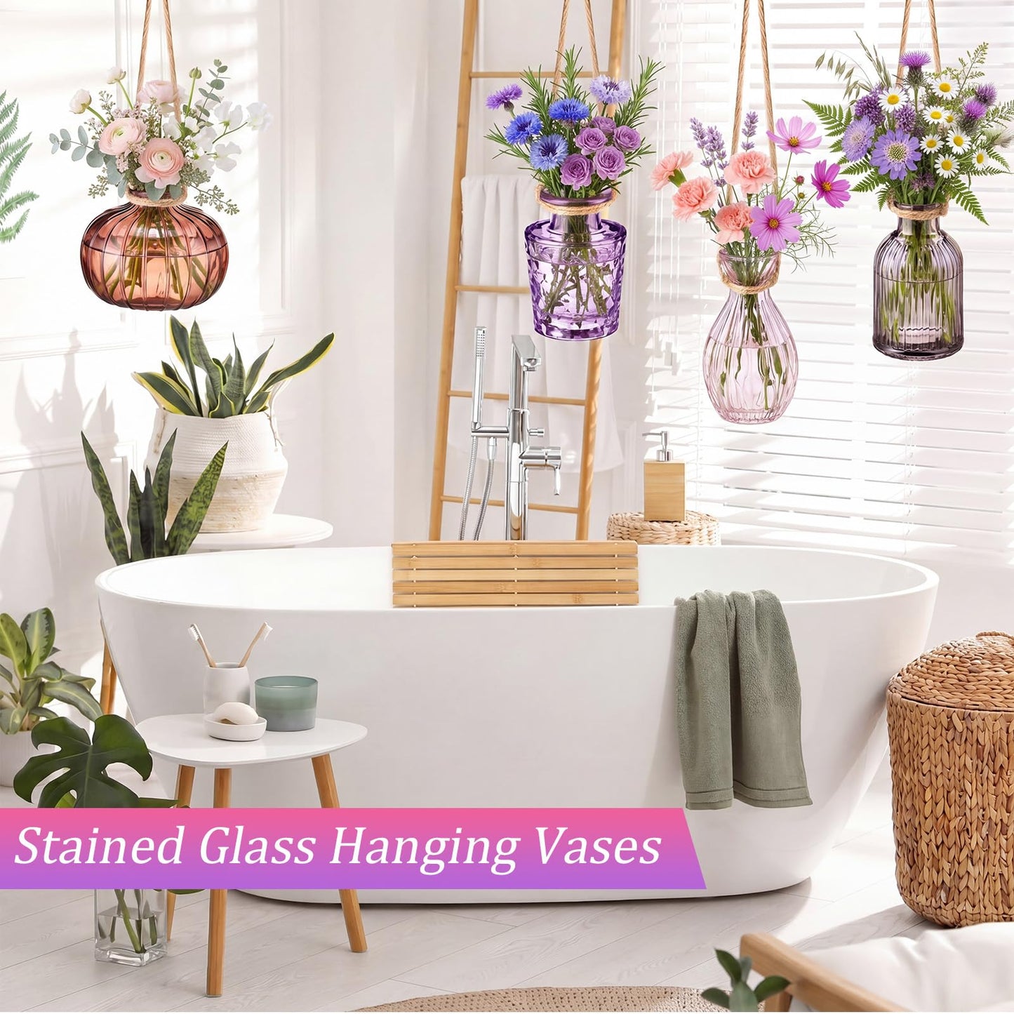 Wonderjune 8 Pcs Stained Glass Hanging Vases Hanging Glass Planters Small Plant Terrarium Pot Containers with Rope for Garden Home Indoor Outdoor Decor, 4 Styles (Fresh)